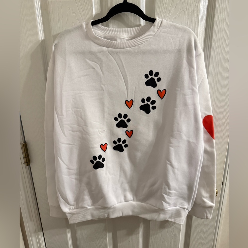 White Sweatshirt with Paw and Heart Design